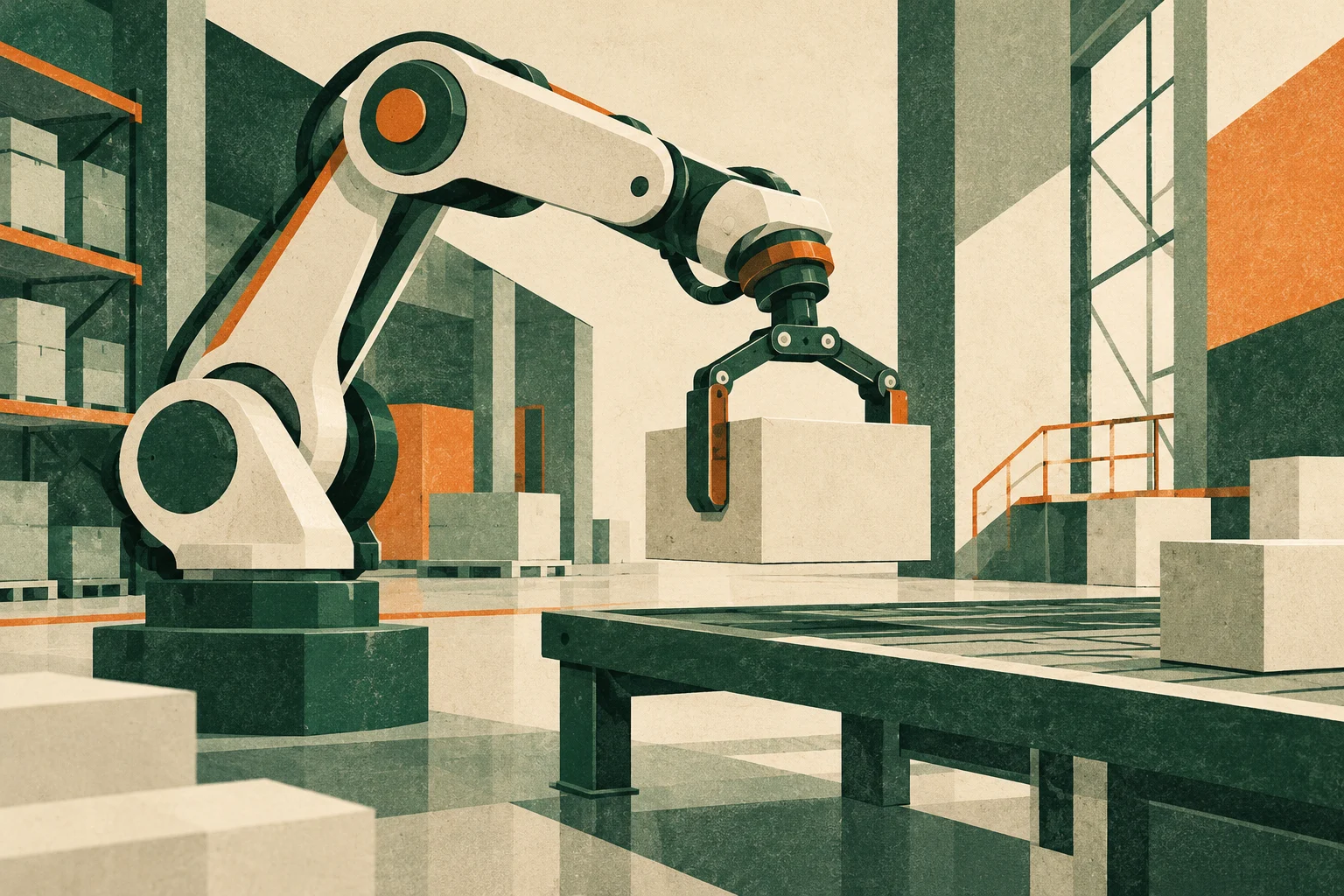 Illustration conceptuelle d’un bras robotique fictif dans un atelier ; ne représente pas le modèle cité.